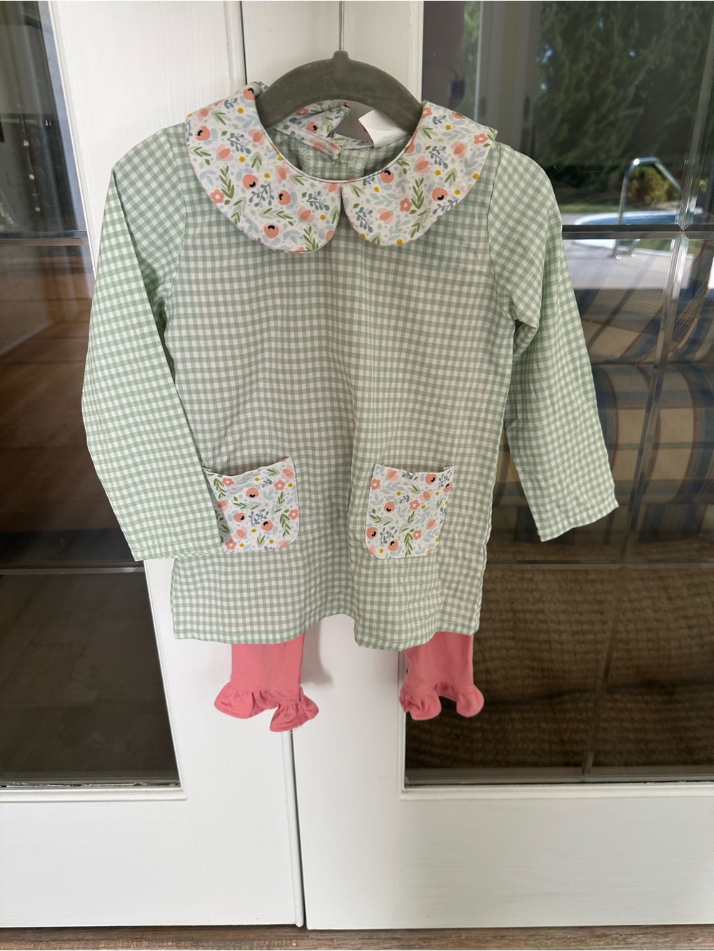 Green Gingham Girls Tunic with Floral Collar and Pockets